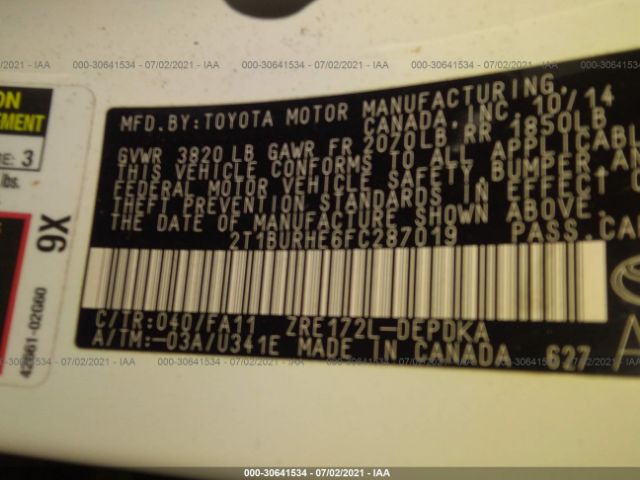 Photo 8 VIN: 2T1BURHE6FC287019 - TOYOTA COROLLA 