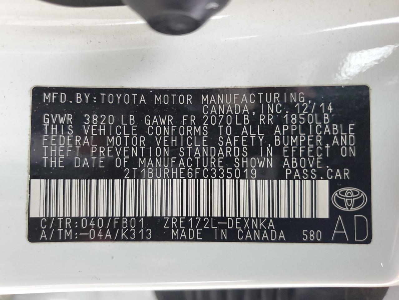 Photo 11 VIN: 2T1BURHE6FC335019 - TOYOTA COROLLA 