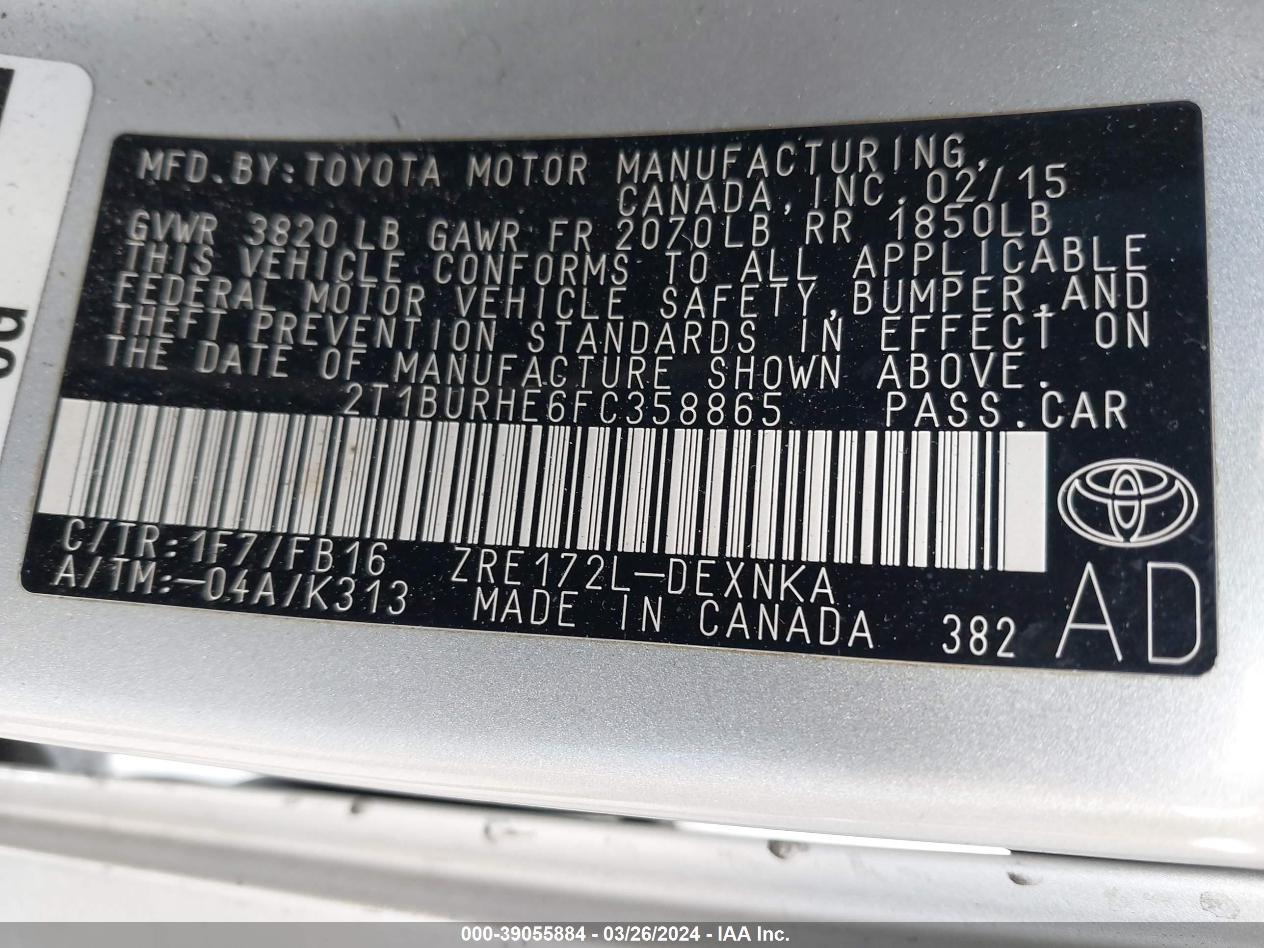 Photo 8 VIN: 2T1BURHE6FC358865 - TOYOTA COROLLA 