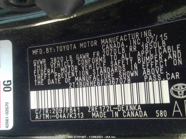 Photo 8 VIN: 2T1BURHE6FC367078 - TOYOTA COROLLA 