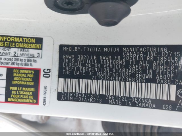 Photo 8 VIN: 2T1BURHE6FC368506 - TOYOTA COROLLA 