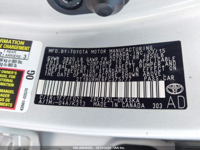 Photo 8 VIN: 2T1BURHE6FC375777 - TOYOTA COROLLA 