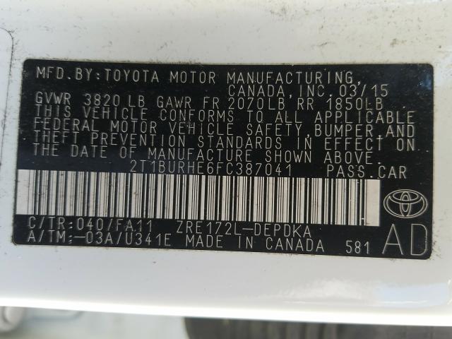 Photo 9 VIN: 2T1BURHE6FC387041 - TOYOTA COROLLA L 