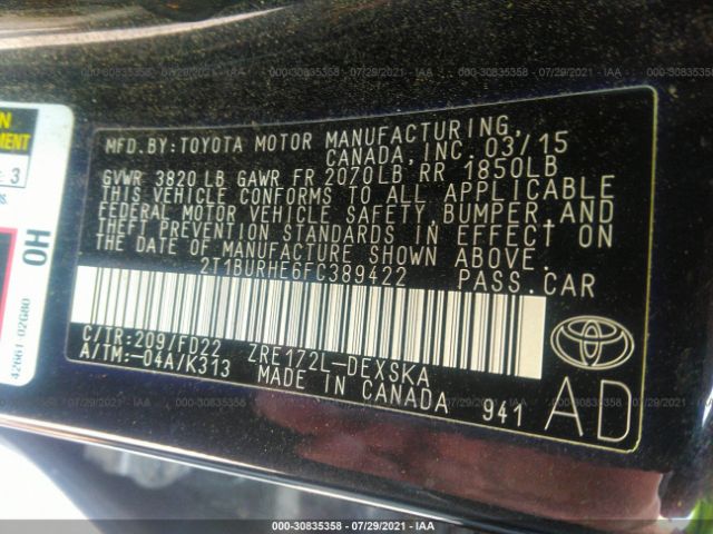 Photo 8 VIN: 2T1BURHE6FC389422 - TOYOTA COROLLA 