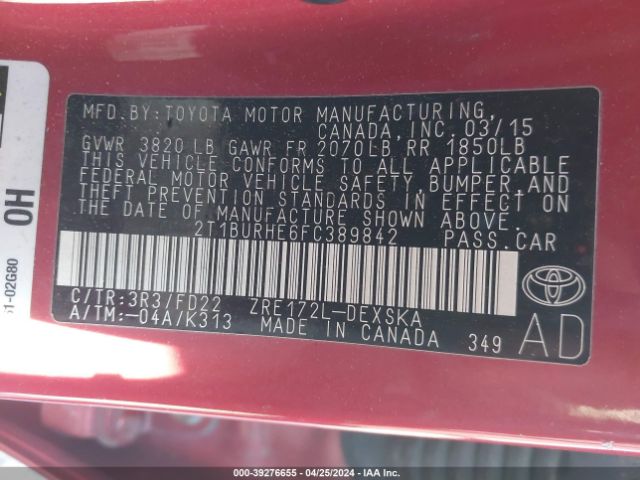 Photo 8 VIN: 2T1BURHE6FC389842 - TOYOTA COROLLA 