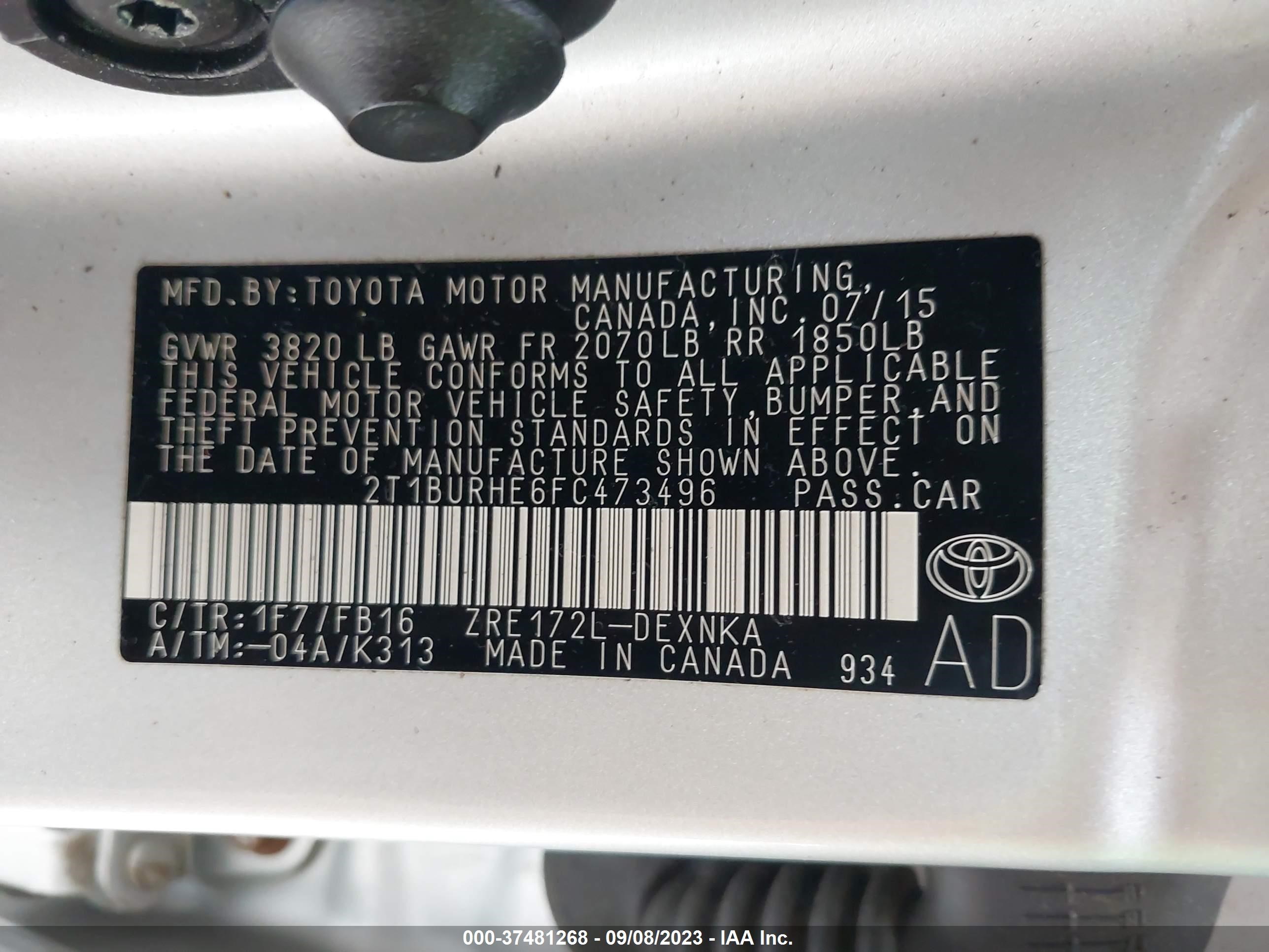 Photo 8 VIN: 2T1BURHE6FC473496 - TOYOTA COROLLA 