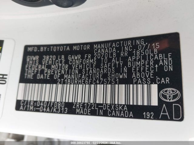 Photo 8 VIN: 2T1BURHE6FC475751 - TOYOTA COROLLA 