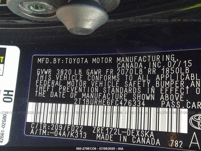 Photo 8 VIN: 2T1BURHE6FC476334 - TOYOTA COROLLA 