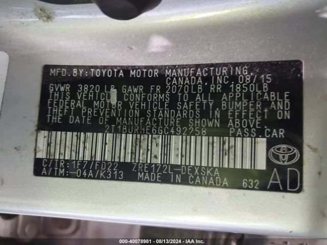 Photo 8 VIN: 2T1BURHE6GC492258 - TOYOTA COROLLA 