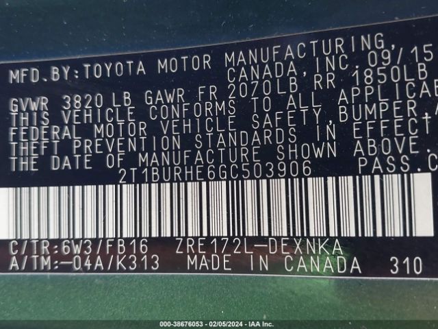 Photo 8 VIN: 2T1BURHE6GC503906 - TOYOTA COROLLA 