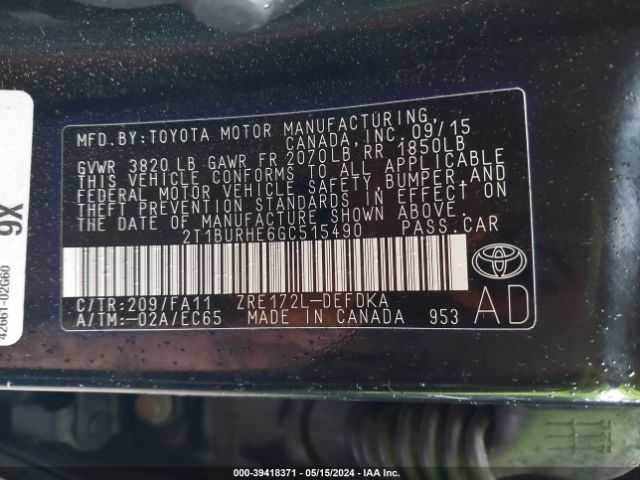 Photo 8 VIN: 2T1BURHE6GC515490 - TOYOTA COROLLA 