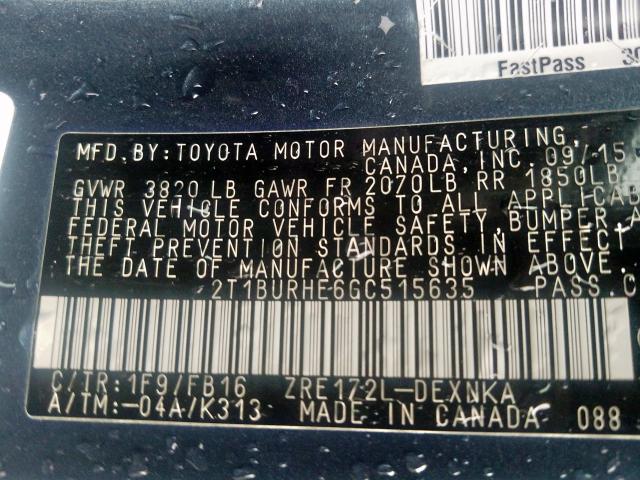 Photo 9 VIN: 2T1BURHE6GC515635 - TOYOTA COROLLA L 