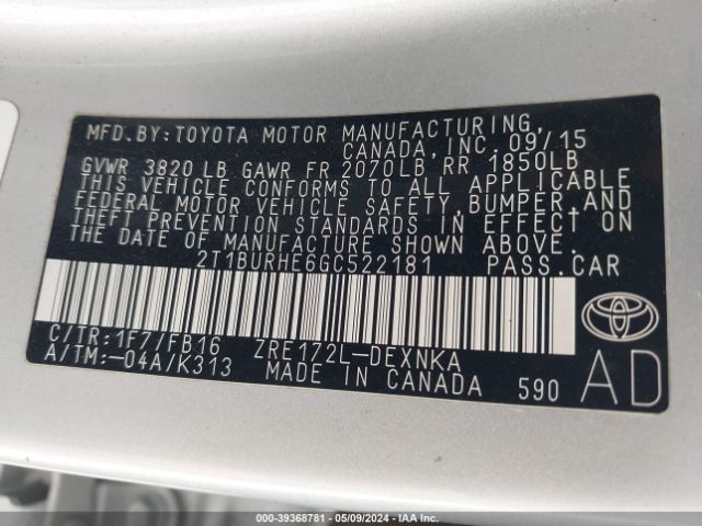 Photo 8 VIN: 2T1BURHE6GC522181 - TOYOTA COROLLA 