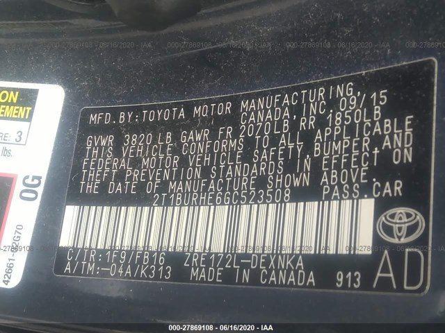 Photo 8 VIN: 2T1BURHE6GC523508 - TOYOTA COROLLA 