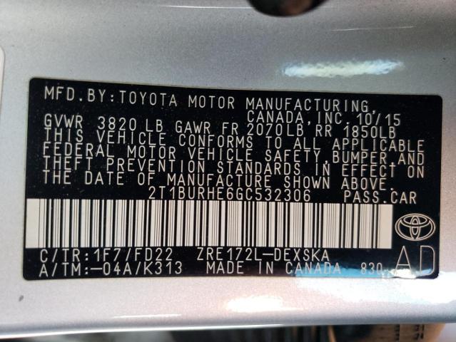 Photo 11 VIN: 2T1BURHE6GC532306 - TOYOTA COROLLA L 