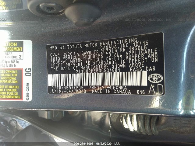 Photo 8 VIN: 2T1BURHE6GC534881 - TOYOTA COROLLA 