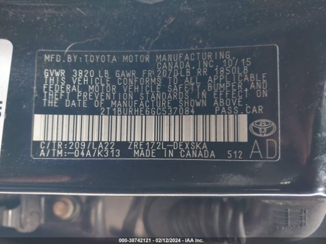 Photo 8 VIN: 2T1BURHE6GC537084 - TOYOTA COROLLA 