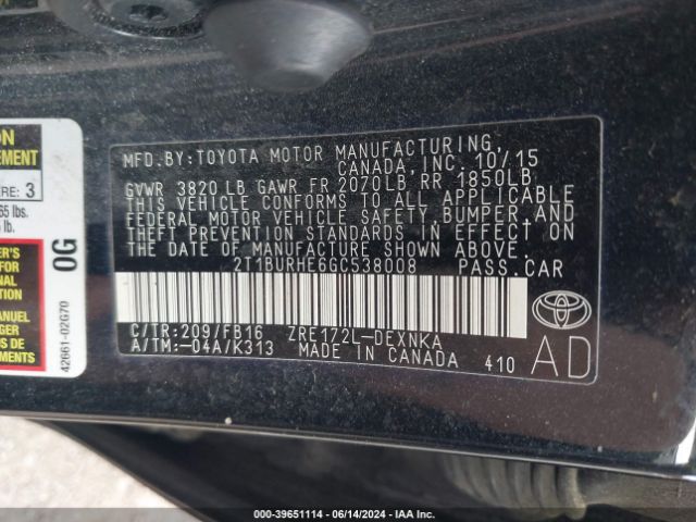 Photo 8 VIN: 2T1BURHE6GC538008 - TOYOTA COROLLA 