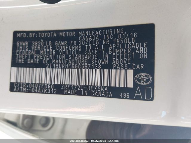 Photo 8 VIN: 2T1BURHE6GC597138 - TOYOTA COROLLA 