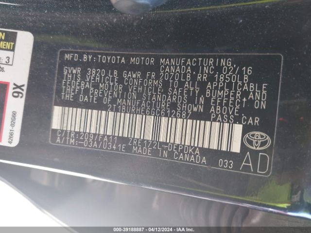 Photo 8 VIN: 2T1BURHE6GC612687 - TOYOTA COROLLA 