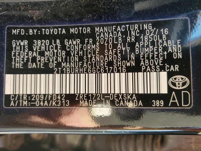 Photo 12 VIN: 2T1BURHE6GC617016 - TOYOTA COROLLA L 