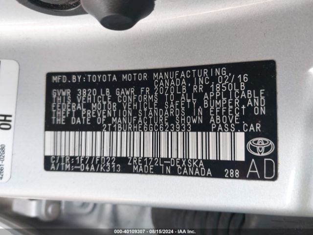 Photo 8 VIN: 2T1BURHE6GC623933 - TOYOTA COROLLA 