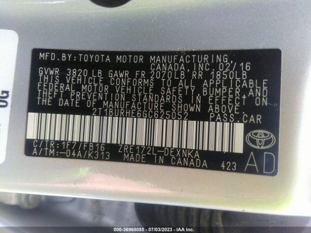 Photo 8 VIN: 2T1BURHE6GC625052 - TOYOTA COROLLA 