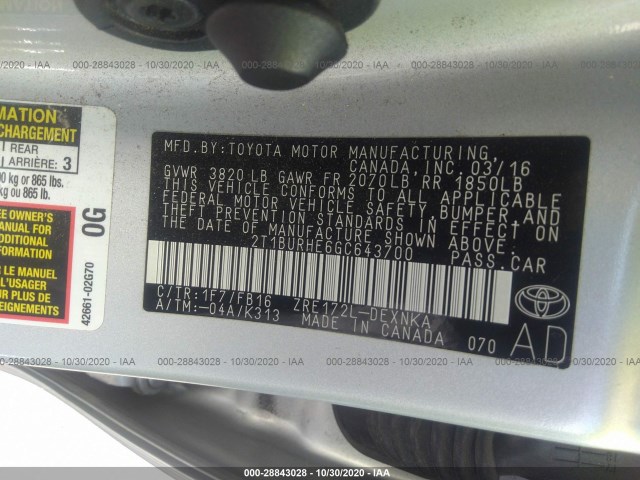 Photo 8 VIN: 2T1BURHE6GC643700 - TOYOTA COROLLA 