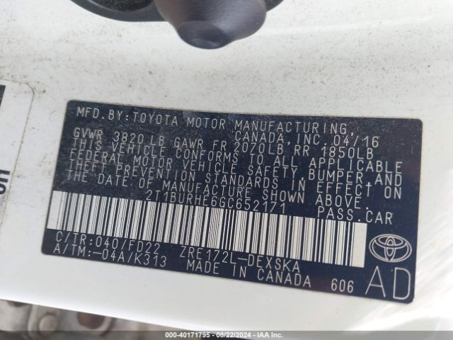 Photo 8 VIN: 2T1BURHE6GC652171 - TOYOTA COROLLA 