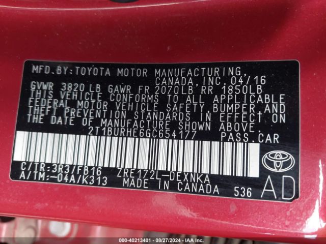 Photo 8 VIN: 2T1BURHE6GC654177 - TOYOTA COROLLA 