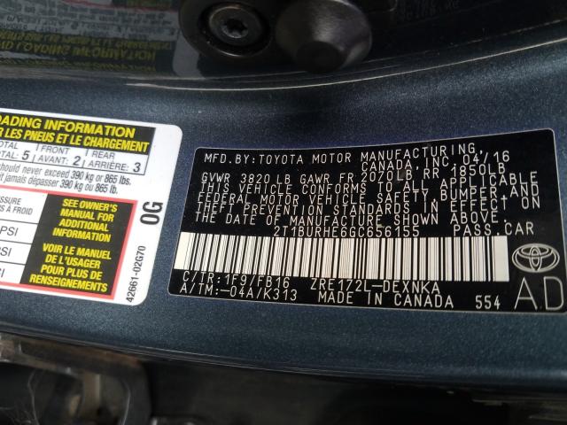 Photo 9 VIN: 2T1BURHE6GC656155 - TOYOTA COROLLA L 