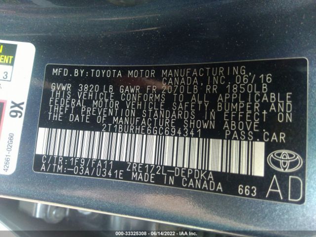 Photo 8 VIN: 2T1BURHE6GC694341 - TOYOTA COROLLA 