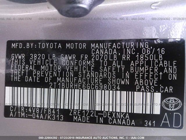 Photo 8 VIN: 2T1BURHE6GC698034 - TOYOTA COROLLA 