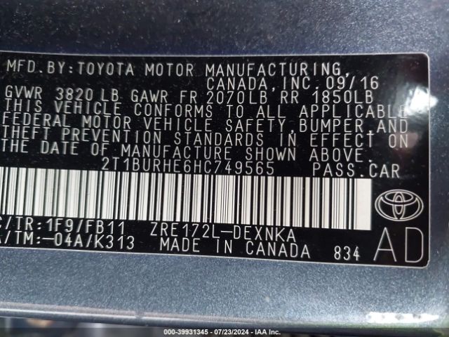 Photo 8 VIN: 2T1BURHE6HC749565 - TOYOTA COROLLA 