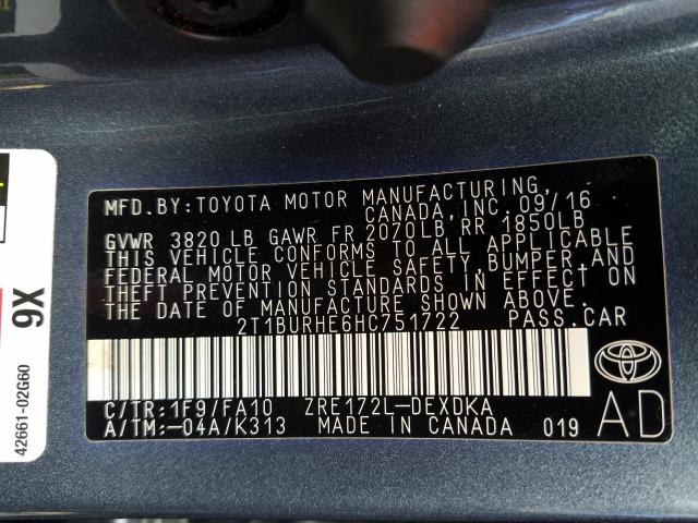 Photo 9 VIN: 2T1BURHE6HC751722 - TOYOTA COROLLA L 