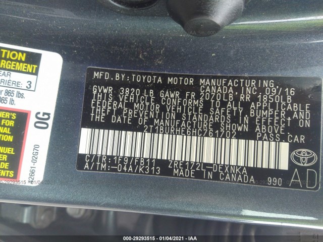 Photo 8 VIN: 2T1BURHE6HC761702 - TOYOTA COROLLA 