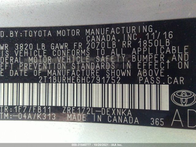 Photo 8 VIN: 2T1BURHE6HC791752 - TOYOTA COROLLA 