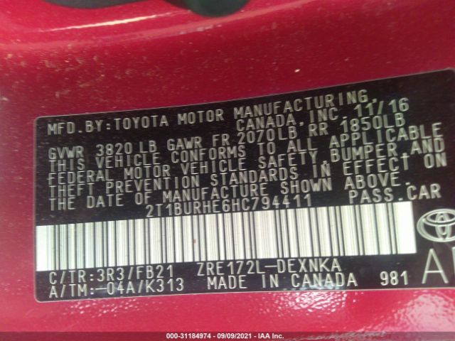 Photo 8 VIN: 2T1BURHE6HC794411 - TOYOTA COROLLA 