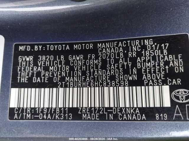 Photo 8 VIN: 2T1BURHE6HC838598 - TOYOTA COROLLA 