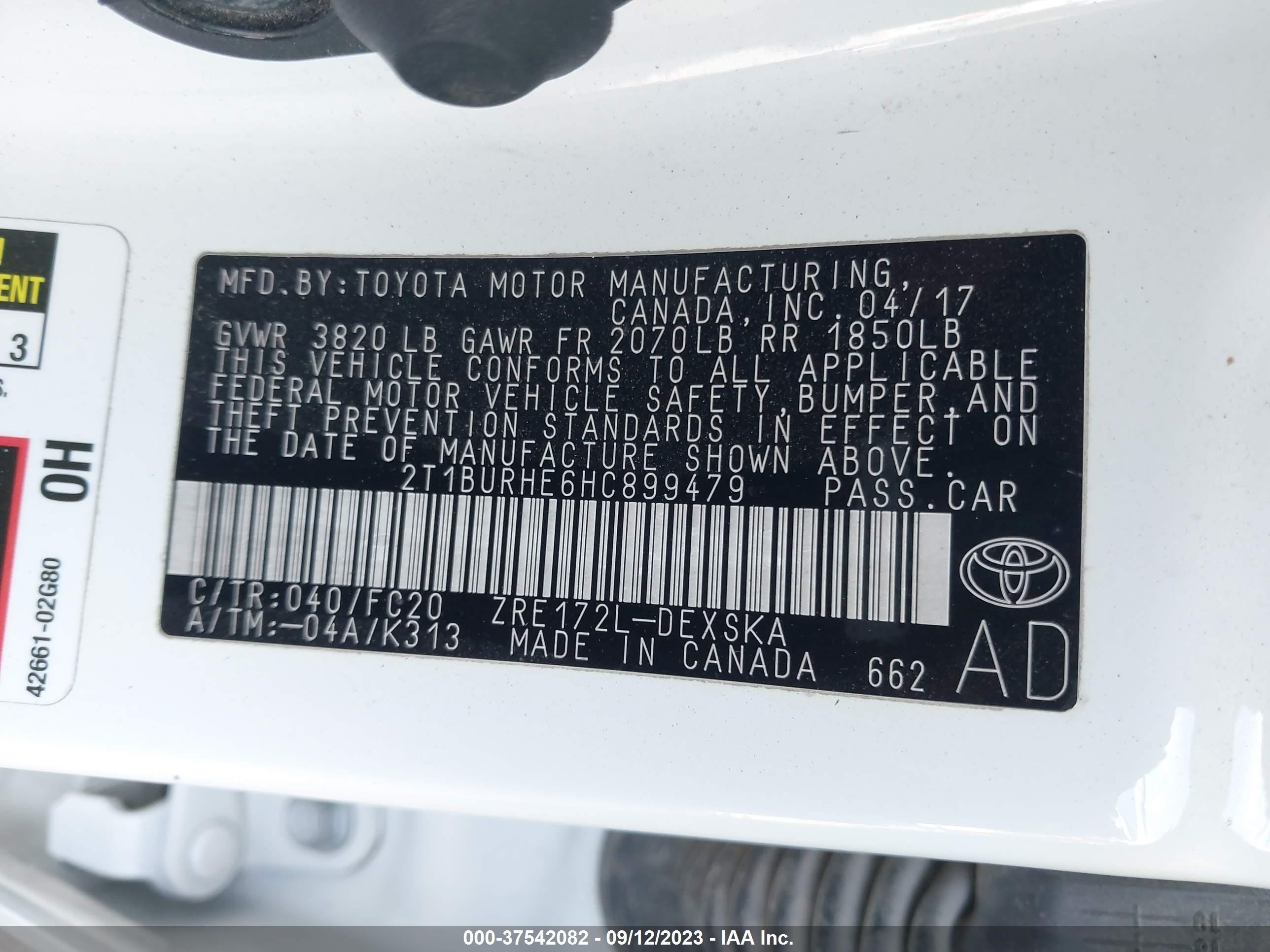 Photo 8 VIN: 2T1BURHE6HC899479 - TOYOTA COROLLA 