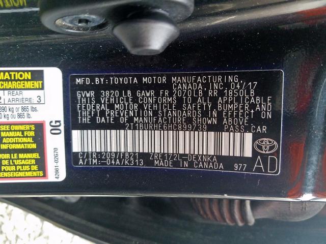 Photo 9 VIN: 2T1BURHE6HC899739 - TOYOTA COROLLA L 