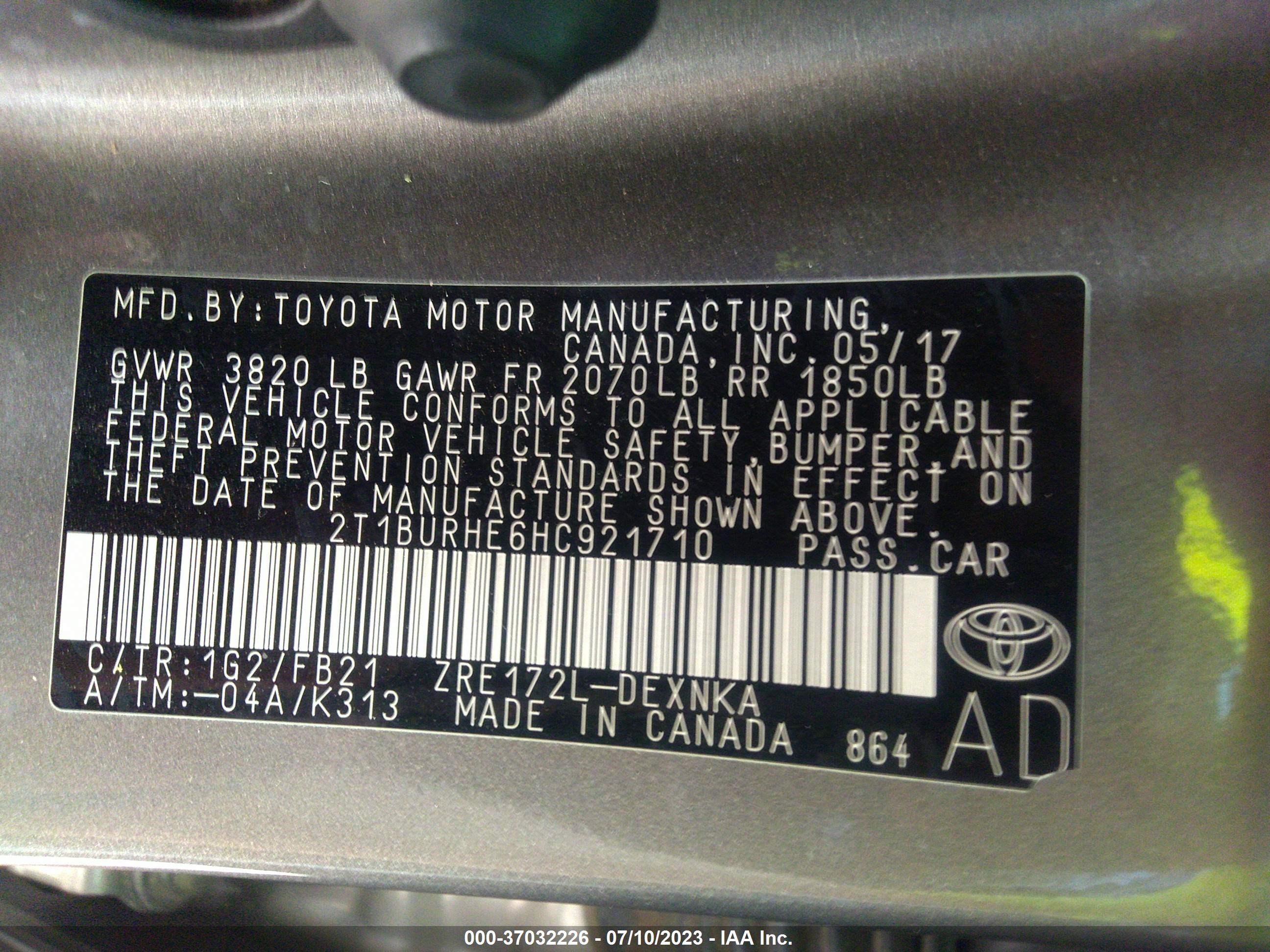 Photo 8 VIN: 2T1BURHE6HC921710 - TOYOTA COROLLA 