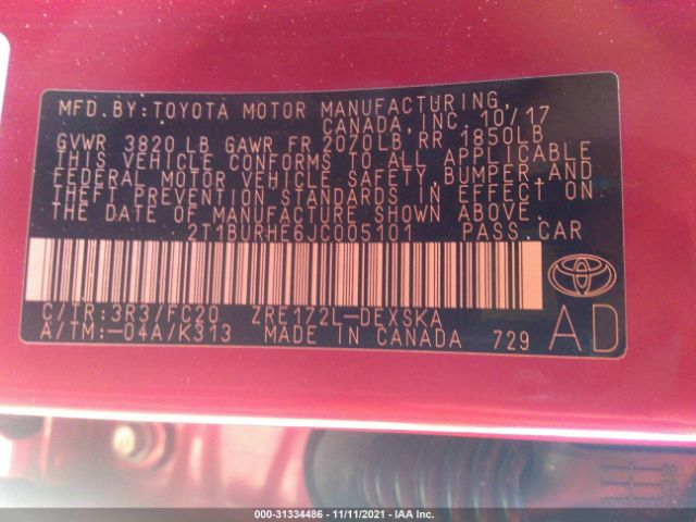 Photo 8 VIN: 2T1BURHE6JC005101 - TOYOTA COROLLA 