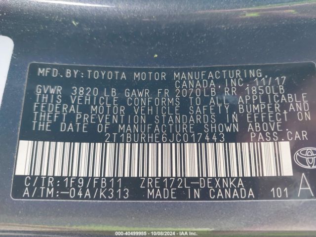 Photo 8 VIN: 2T1BURHE6JC017443 - TOYOTA COROLLA 