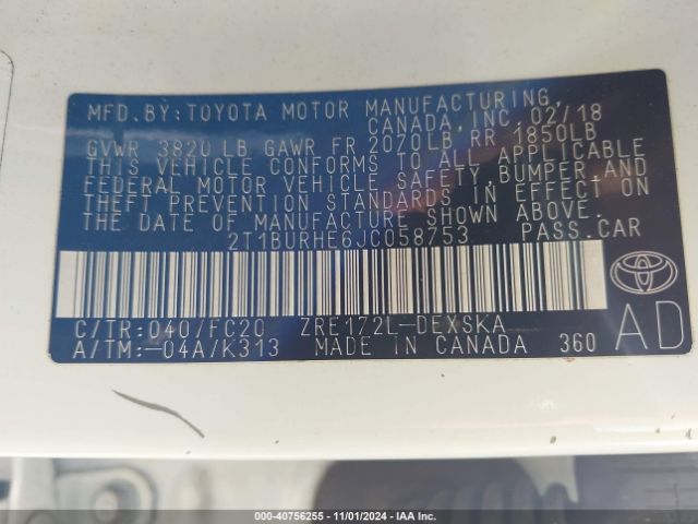 Photo 8 VIN: 2T1BURHE6JC058753 - TOYOTA COROLLA 