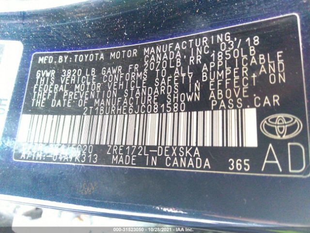 Photo 8 VIN: 2T1BURHE6JC081580 - TOYOTA COROLLA 