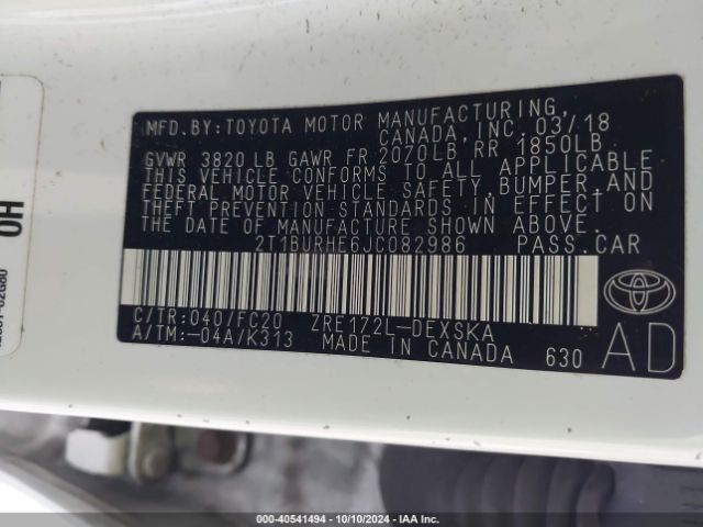 Photo 8 VIN: 2T1BURHE6JC082986 - TOYOTA COROLLA 