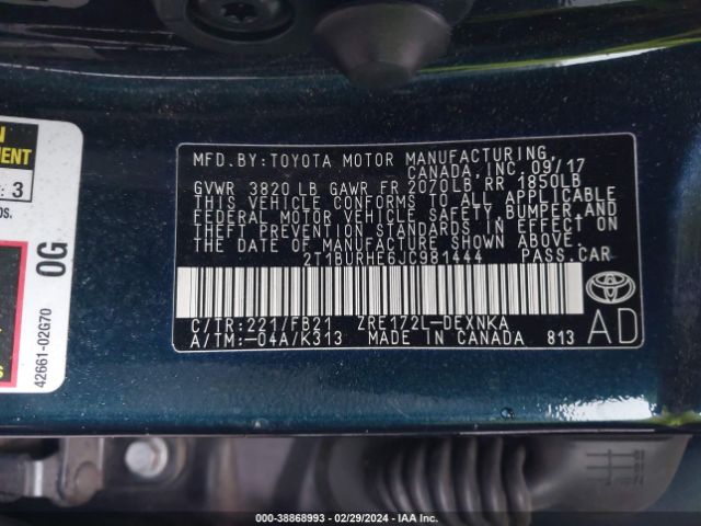 Photo 8 VIN: 2T1BURHE6JC981444 - TOYOTA COROLLA 