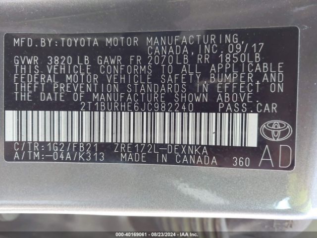 Photo 8 VIN: 2T1BURHE6JC982240 - TOYOTA COROLLA 