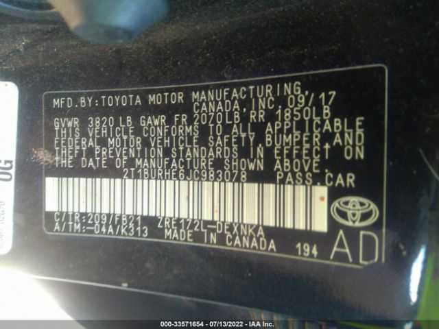 Photo 8 VIN: 2T1BURHE6JC983078 - TOYOTA COROLLA 